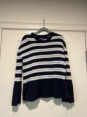 GAP Navy and White Striped Open-Knit Crew Sweater